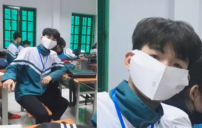 Anh bạn sáng chế ra một chiếc khẩu trang bằng giấy… (Ảnh: Phùng T. Nga/Group Trường Người Ta)
