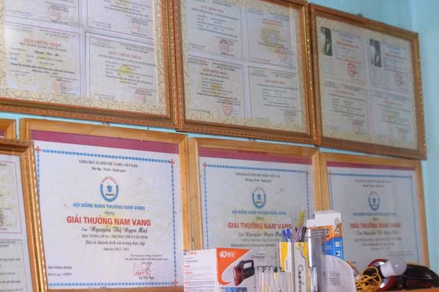 Nơi góc học tập là rất nhiều những tấm giấy khen trong quá trình học tập của hai chị em Ngọc Mai.