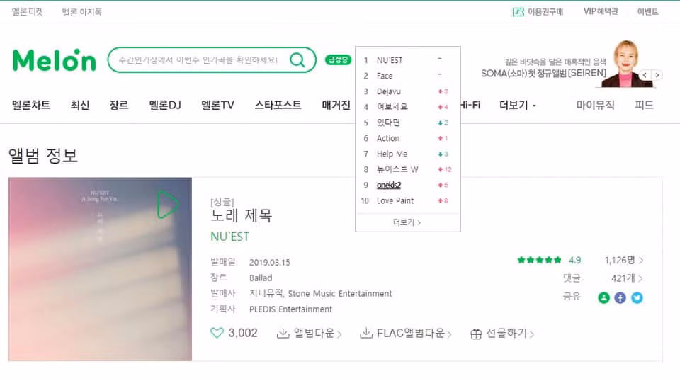 Ngay sau khi Song Title được "thả xích", NU'EST cùng tên các bài hát của nhóm đã chiếm trọn BXH tìm kiếm trên Melon. (Ảnh: Because of NU'EST Vietnam)