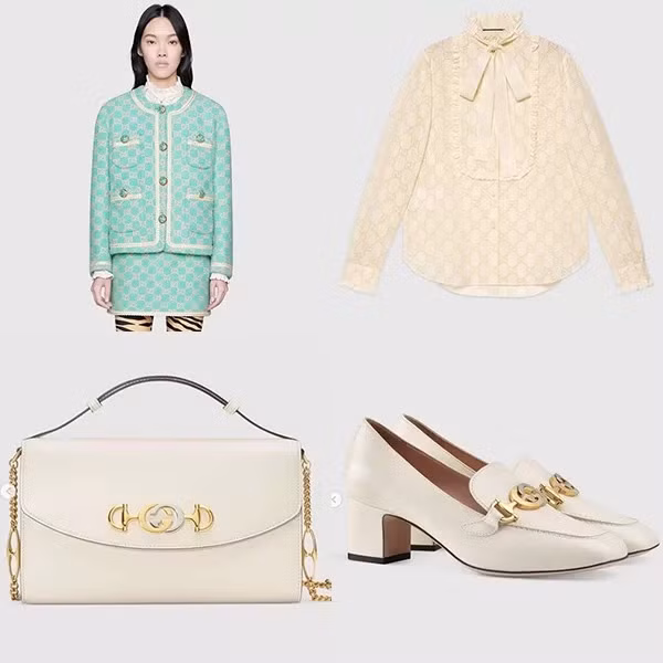 Set đồ màu xanh ngọc giúp Sulli hóa thành một nàng tiểu thư ngọt ngào đến từ thương hiệu Gucci. Bộ đồ vải tweed giá 5.500 USD (khoảng 127 triệu đồng) được nữ idol kết hợp cùng sơ mi thắt nơ giá 1.980 USD (khoảng 46 triệu đồng). Bộ phụ kiện đi kèm đều có tông trắng gồm túi xách 2.600 USD (hơn 60 triệu đồng) và giày loafer 890 USD (khoảng 20,6 triệu đồng).