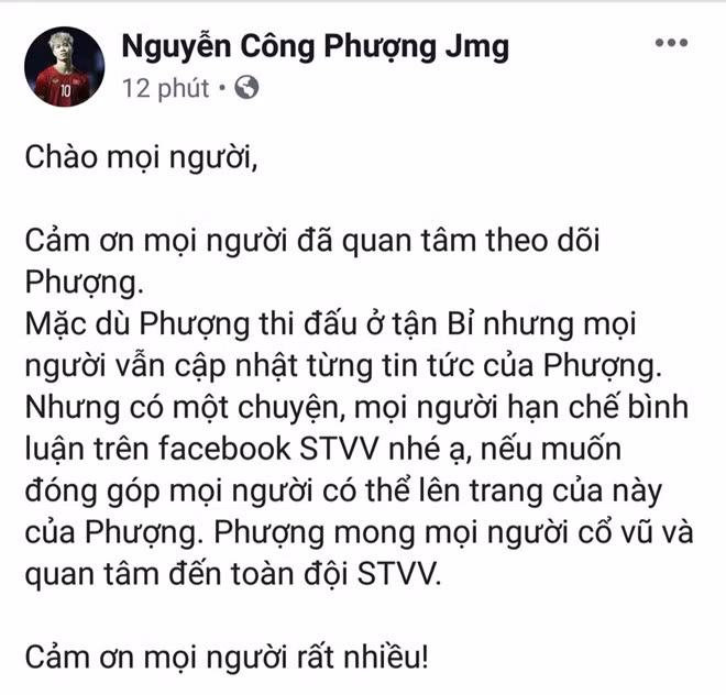 Công Phượng kêu gọi fan hạn chế bình luận trên trang fanpage của đội bóng STVV. Ảnh chụp màn hình.