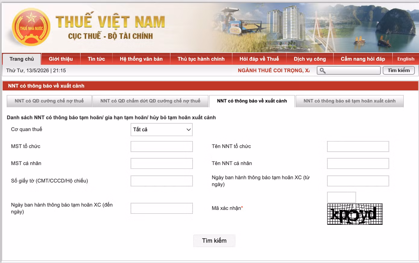 Tra cứu thông báo về xuất cảnh tại trang thông tin điện tử của Cục Thuế .