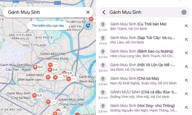 Những toạ độ được ghim khi gõ cụm từ "Gánh Mưu Sinh" (Ảnh: Chụp màn hình).