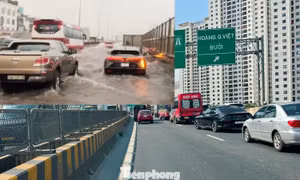 Rác bịt kín miệng hố ga khiến đường trên cao Vành đai 3 cứ mưa lớn là 'biến thành sông'