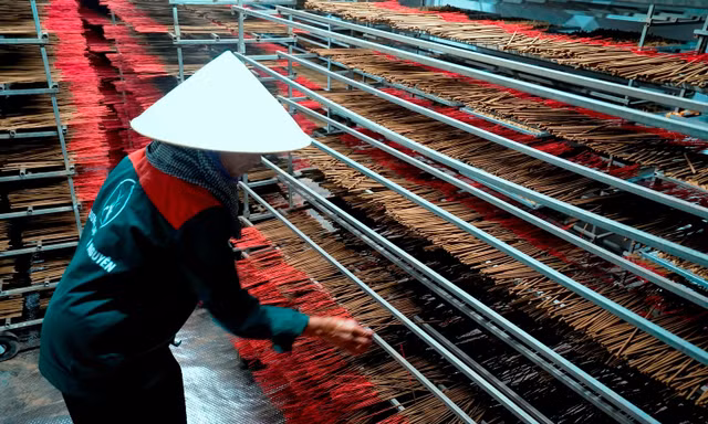 Phơi sấy hương thắp Tân Nguyên trong môi trường khép kín ở nhà máy sản xuất