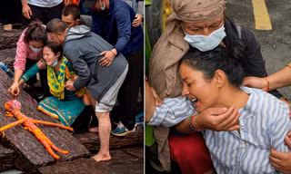 Hình nộm bằng cỏ thiêng được đốt tượng trưng cho người mất tích trong lũ quét ở Nepal.