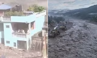 Ngôi nhà màu xanh đứng vững giữa khu vực bị lũ quét tàn phá ở Nepal