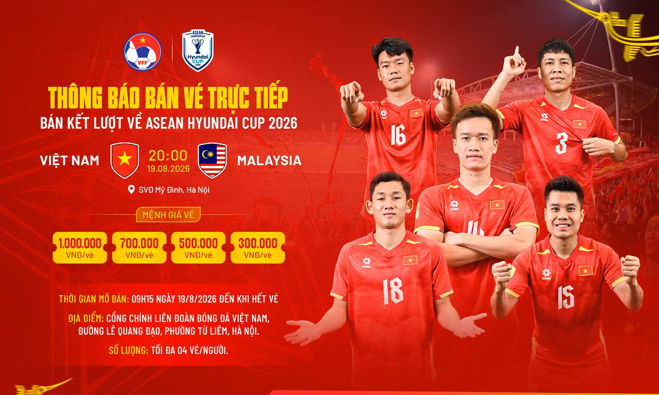 VFF mở bán trực tiếp vé trận bán kết lượt về ASEAN Cup 2026 Việt Nam vs Malaysia