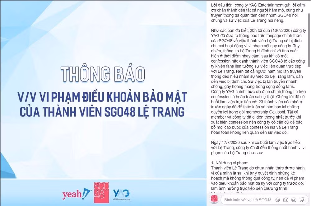Công ty quản lý SGO48 chính thức phản hồi về việc Lệ Trang bị đình chỉ hoạt động ảnh 2
