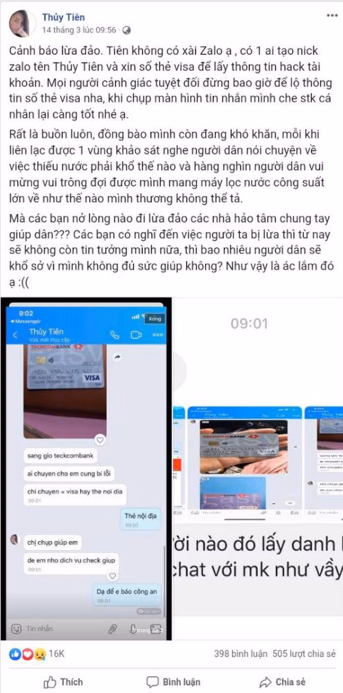 Xuất hiện tài khoản Facebook giả mạo ca sĩ Thủy Tiên để lừa đảo quyên góp tiền cứu trợ ảnh 5