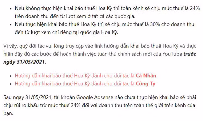Các YouTuber Việt Nam sẽ bị đánh thuế lên đến 30% với chính sách mới này của Google? ảnh 2