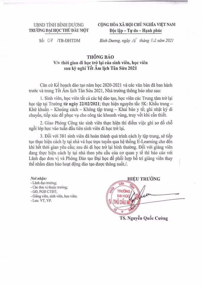 Trường ĐH Thủ Dầu Một yêu cầu học tập trung từ 22/2, sinh viên hoang mang ảnh 1