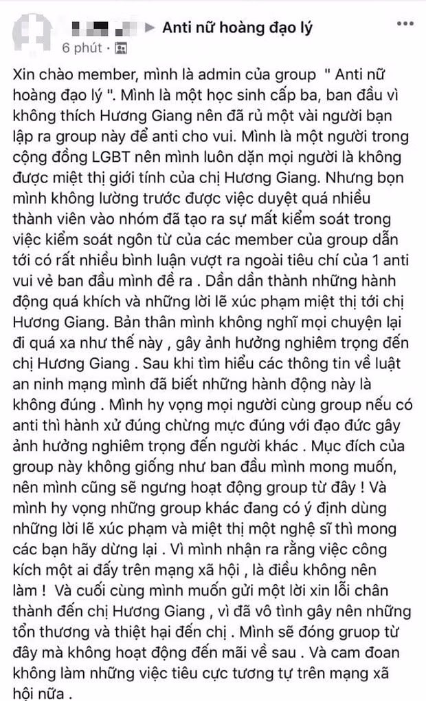 Admin nhóm anti-fan Hương Giang đang là học sinh trung học, đã gửi lời xin lỗi nàng Hậu ảnh 3