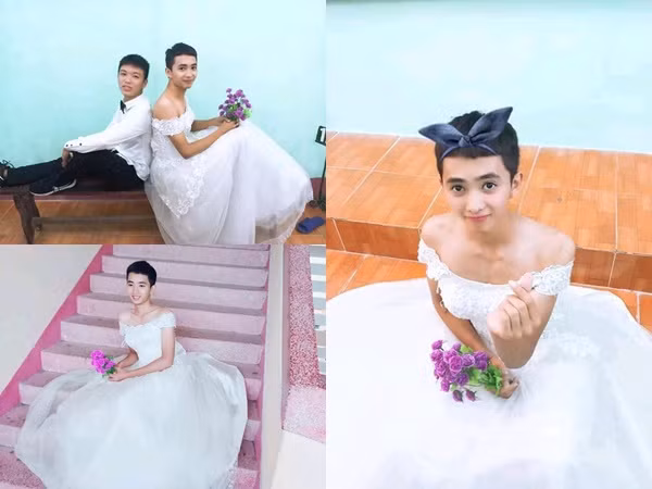 Khi nam sinh "chuẩn men" diện váy cưới chụp ảnh...