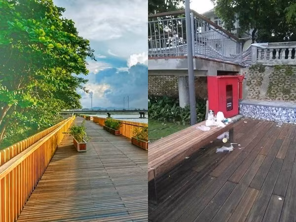 Chưa kịp đẹp bền lâu, cầu đi bộ lát gỗ lim đình đám ở Huế đã trở nên "xấu xí"