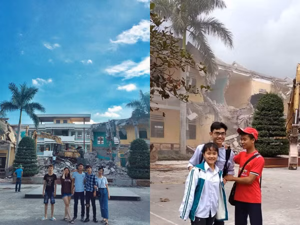 Phản ứng trái chiều của dân mạng khi học sinh chụp ảnh trước khung cảnh trường bị đập phá