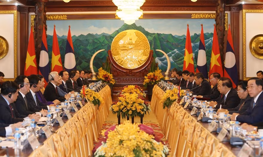 Tổng Bí thư, Chủ tịch nước Nguyễn Phú Trọng hội đàm với Tổng Bí thư, Chủ tịch nước Lào Bounnhang Vorachith. (Ảnh: Trí Dũng/TTXVN)