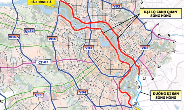 Trục Đại lộ cảnh quan sông Hồng có 10 làn xe, hơn 2km đi ngầm khu vực trung tâm