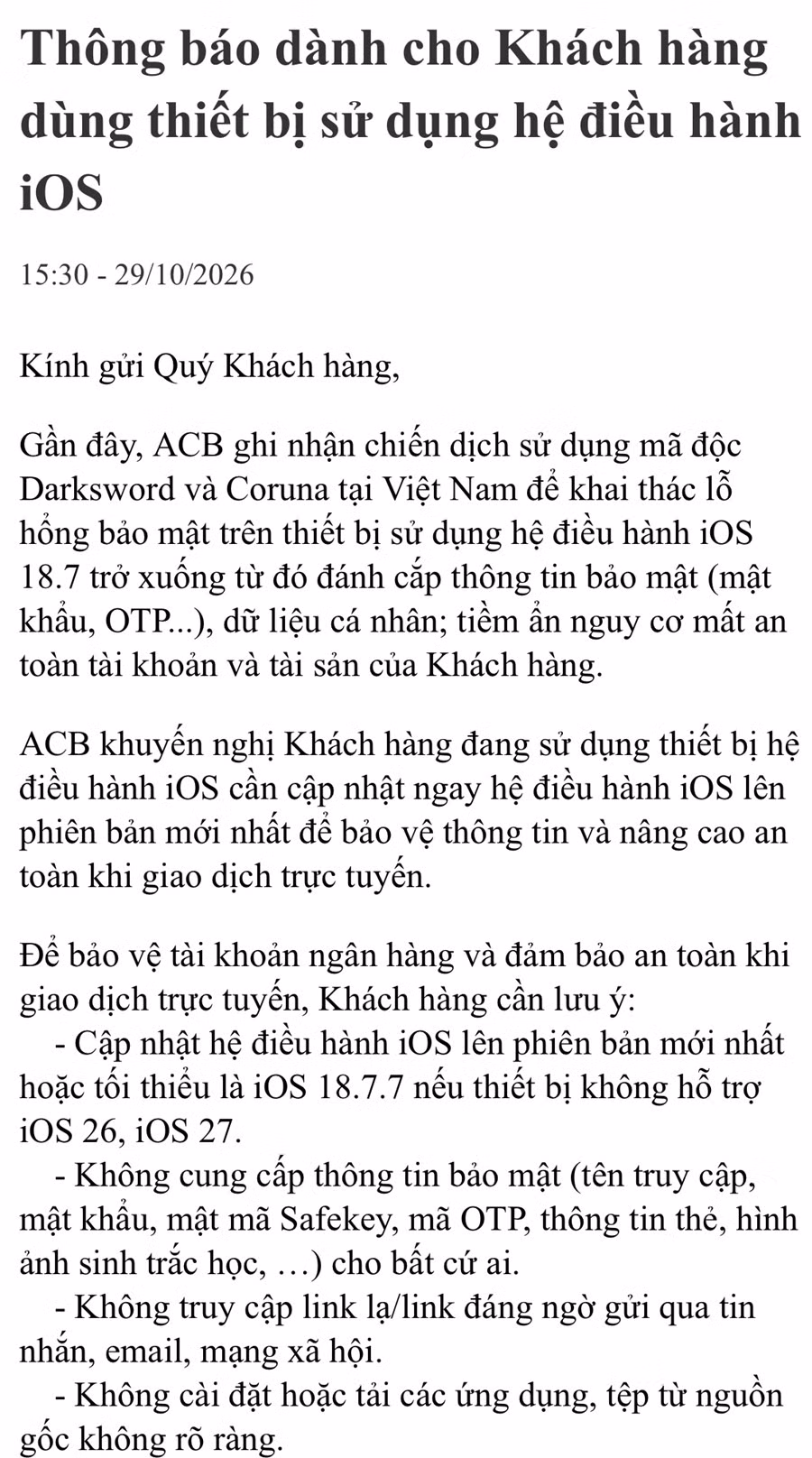 Thông báo ngày 29/10 của ACB về nguy cơ từ DarkSword và Coruna