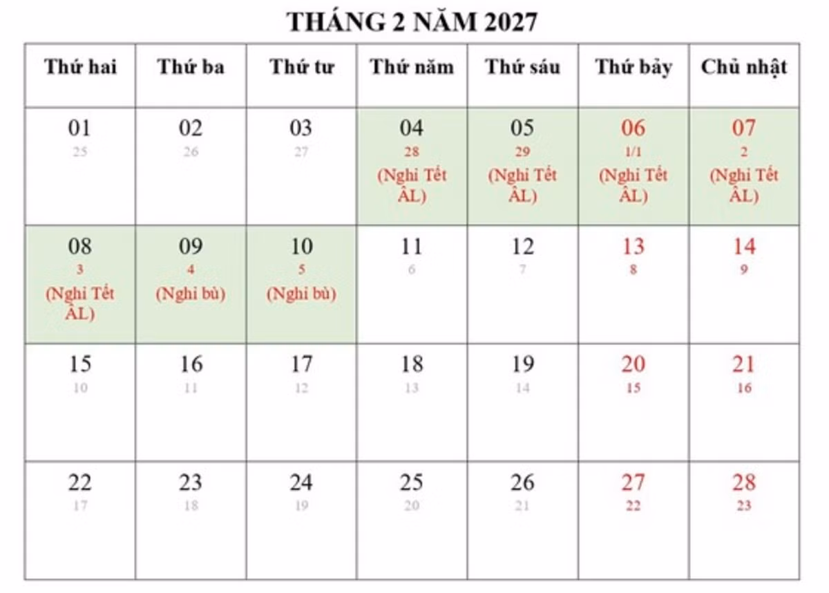 Phương án nghỉ Tết 2027 trong 7 ngày liên tục từ 4/2 đến 10/2
